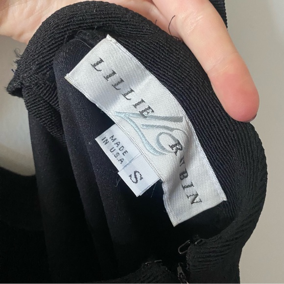 Vintage 90s Lillie Rubin Black Crystal Detailed Strap Feather Slit Evening Gown - Picture 15 of 17